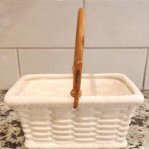Vintage Ceramic Basket with Rattan Handle